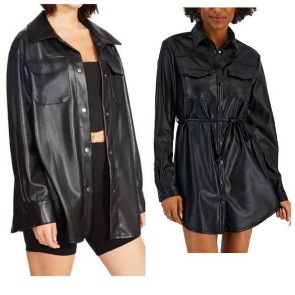 Kit & Sky Faux-Leather Shacket Mini Dress Large in Black - Picture 1 of 11